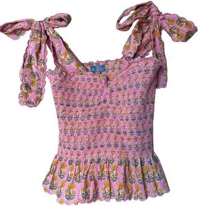 Ella Gray Pink Floral Block Print Smocked Peplum Top Tie Shoulder NWT Large